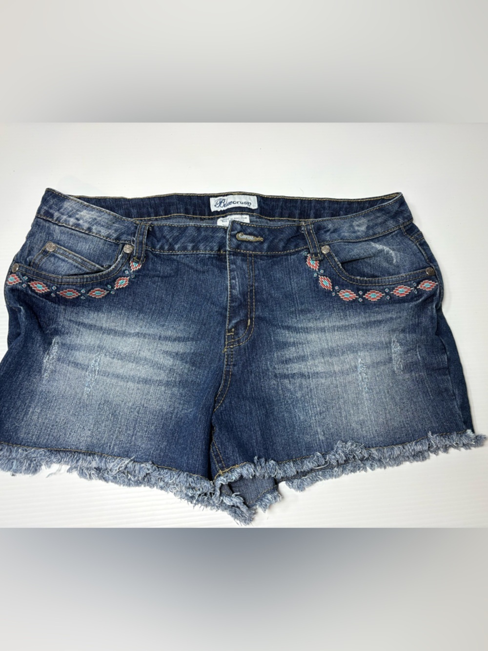Blue Denim Frayed Hem Shorts with Embroidered Pocket Trim
